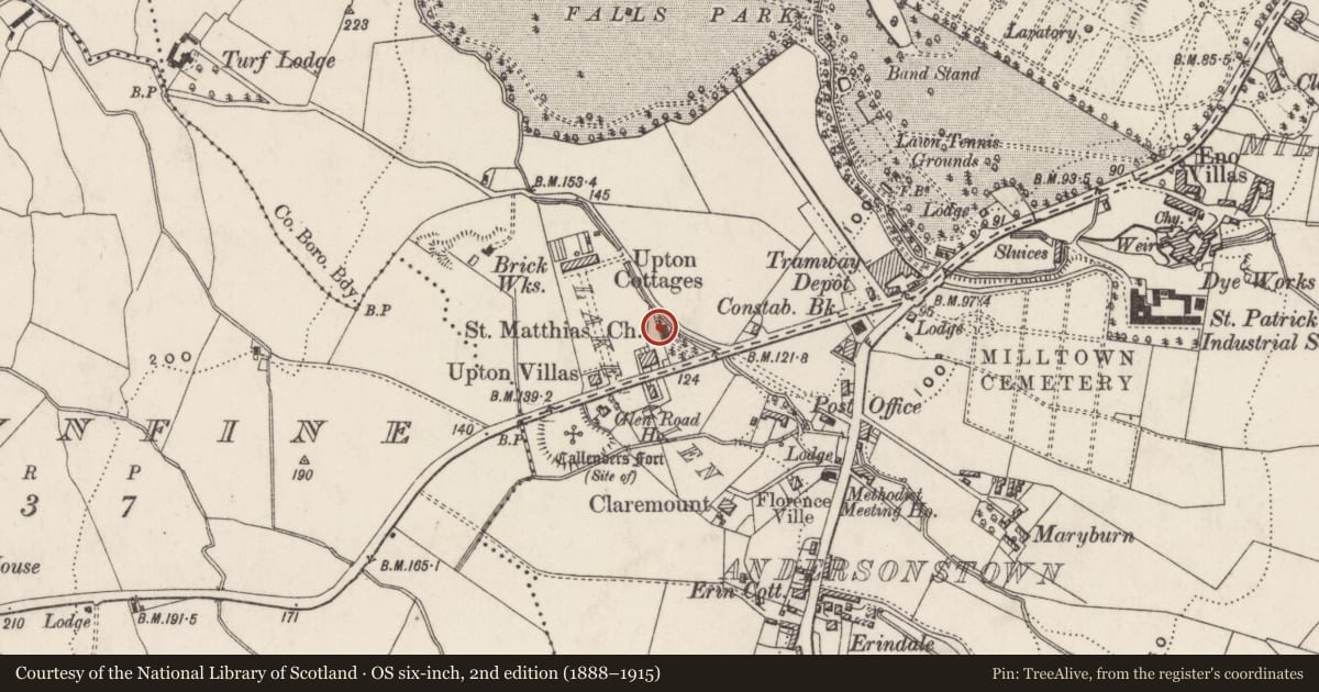 Ordnance Survey six-inch map, 2nd edition (1888–1915) covering the location of St Matthias' RC Church, Ballydownfine, Belfast, with a pin at the register's coordinates