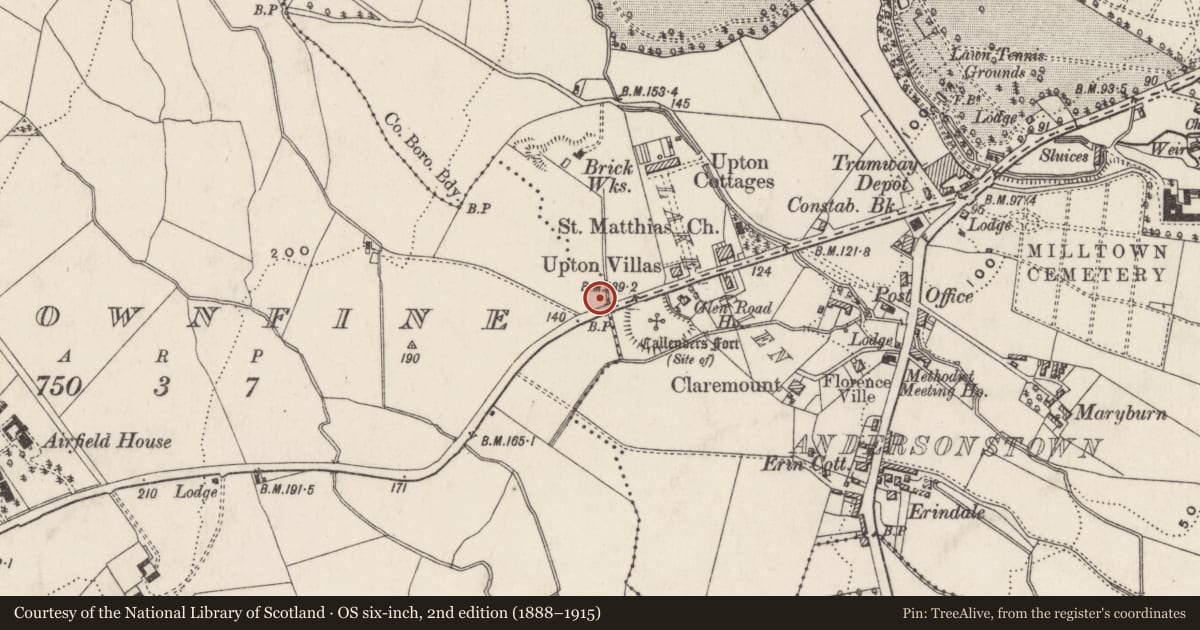 Ordnance Survey six-inch map, 2nd edition (1888–1915) covering the location of Parliamentary boundary post, Ballydownfine/Ballymurphy, Belfast, with a pin at the register's coordinates