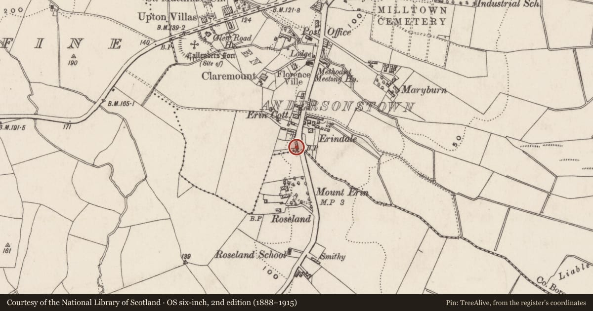 Ordnance Survey six-inch map, 2nd edition (1888–1915) covering the location of Boundary Marker, outside 593-595 Falls Road, Belfast, BT11 9AB, Ballymurphy, Belfast, with a pin at the register's coordinates