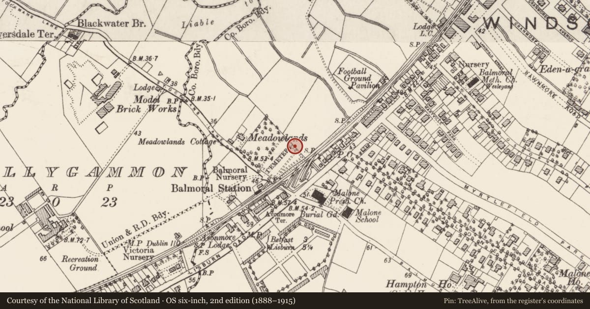 Ordnance Survey six-inch map, 2nd edition (1888–1915) covering the location of McKee Memorial, Malone Lower, Belfast, with a pin at the register's coordinates