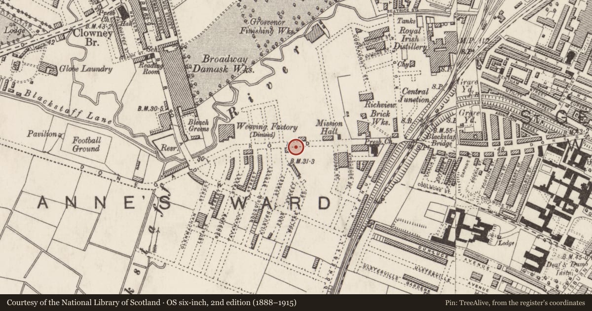 Ordnance Survey six-inch map, 2nd edition (1888–1915) covering the location of St Simon's Church of Ireland, Malone Lower, Belfast, with a pin at the register's coordinates