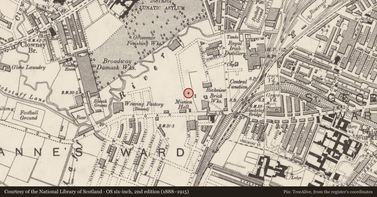 Ordnance Survey six-inch map, 2nd edition (1888–1915) covering the location of Factory, Malone Lower, Belfast, with a pin at the register's coordinates