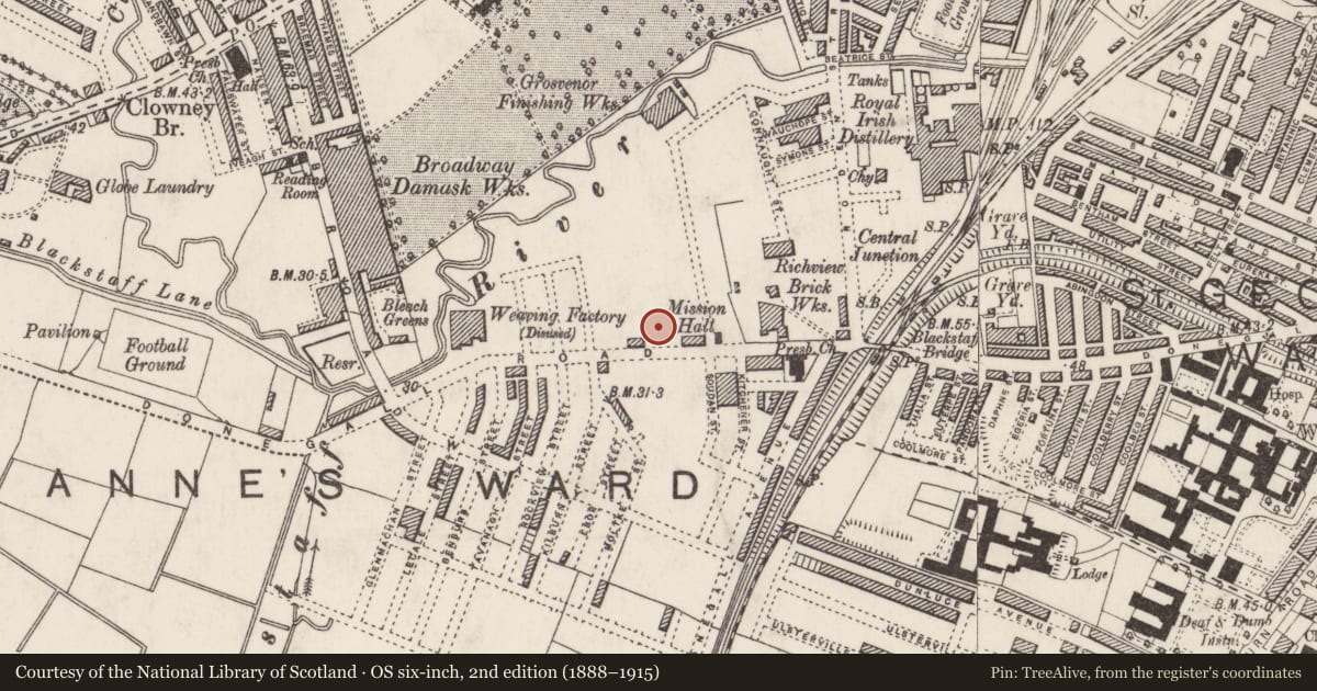 Ordnance Survey six-inch map, 2nd edition (1888–1915) covering the location of Donegall Road Methodist Church 381 Donegall Road, Belfast BT12 6GR, Belfast, with a pin at the register's coordinates