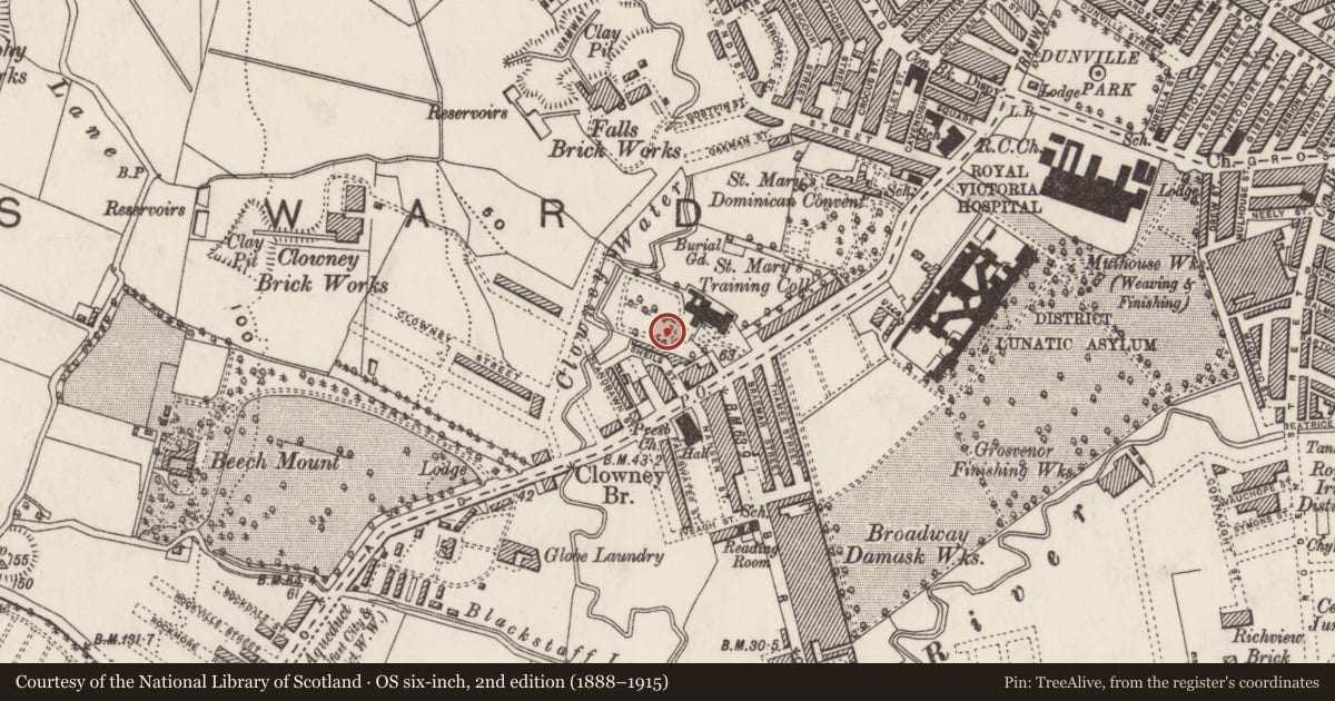 Ordnance Survey six-inch map, 2nd edition (1888–1915) covering the location of College and Chapel, Belfast, with a pin at the register's coordinates