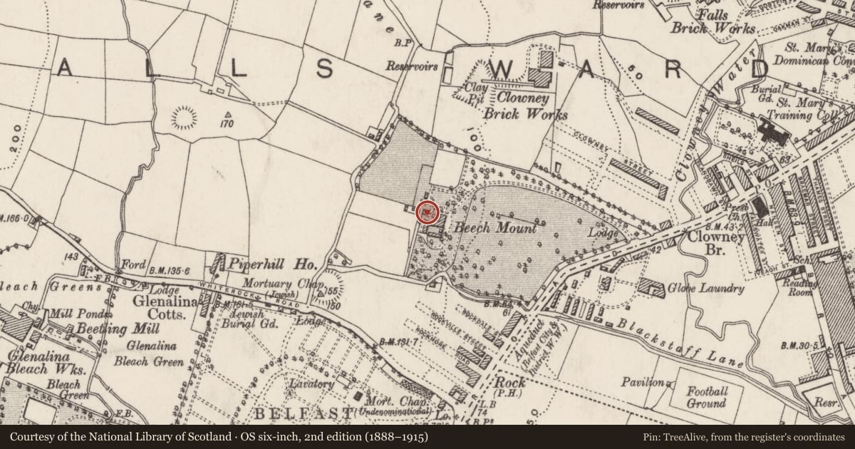 Ordnance Survey six-inch map, 2nd edition (1888–1915) covering the location of Coláiste Feirste Teach Chapel (Formerly Our Lady's Convent), Ballymurphy, Belfast, with a pin at the register's coordinates