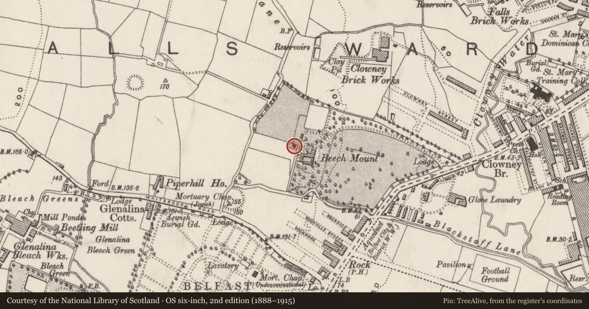 Ordnance Survey six-inch map, 2nd edition (1888–1915) covering the location of Former Our Ladys Convent, Hospital, Belfast, Co Antrim BT12 7PY, Ballymurphy, Belfast, with a pin at the register's coordinates