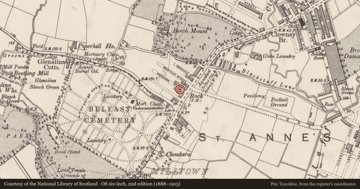Ordnance Survey six-inch map, 2nd edition (1888–1915) covering the location of The Rock Public House, Ballymurphy, Belfast, with a pin at the register's coordinates