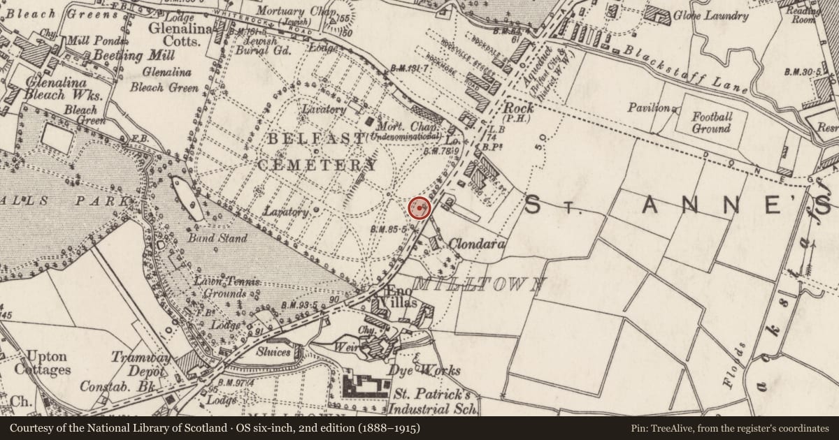 Ordnance Survey six-inch map, 2nd edition (1888–1915) covering the location of Belfast City Cemetery, Ballymurphy, Belfast, with a pin at the register's coordinates