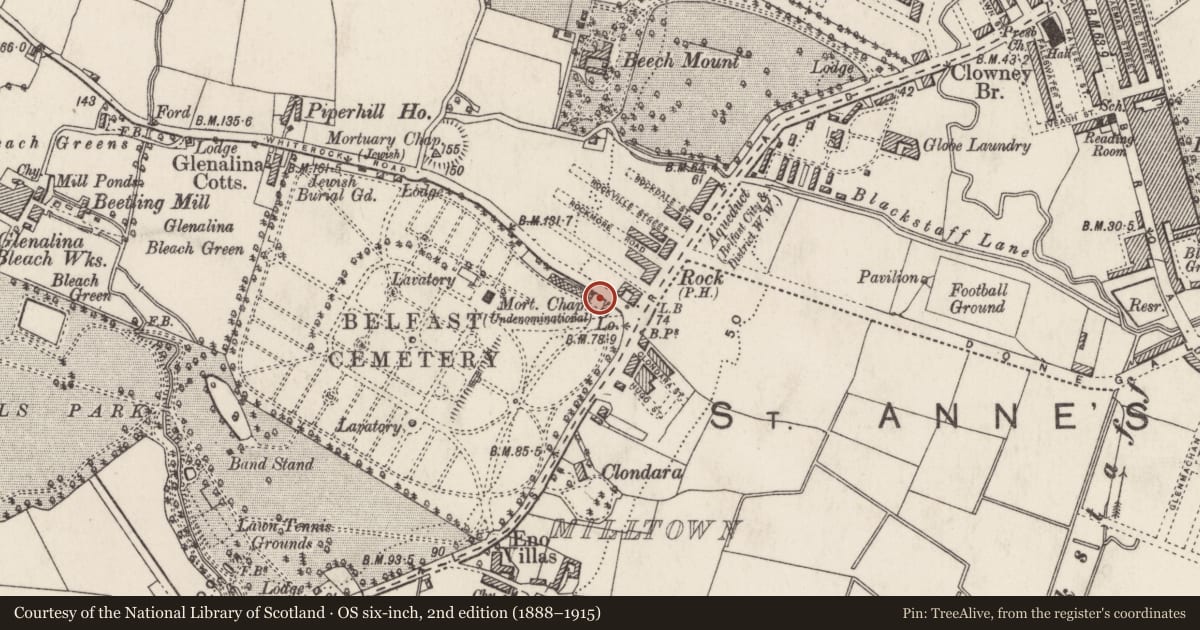 Ordnance Survey six-inch map, 2nd edition (1888–1915) covering the location of Superintendent's House, Ballymurphy, Belfast, with a pin at the register's coordinates