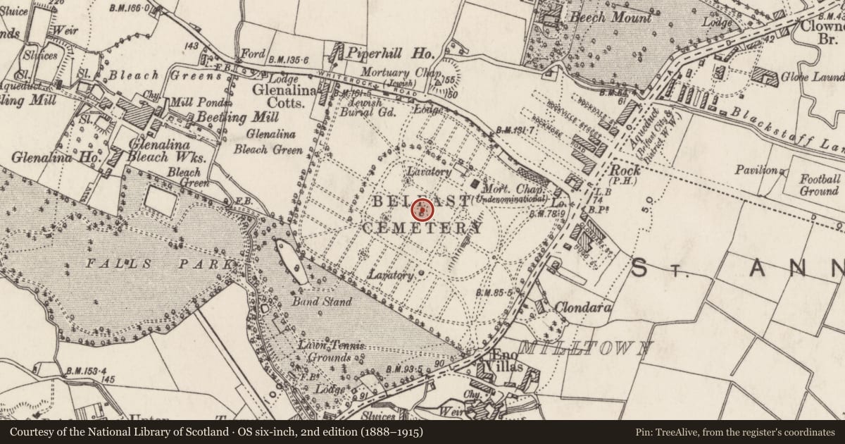 Ordnance Survey six-inch map, 2nd edition (1888–1915) covering the location of Fountains, Ballymurphy, Belfast, with a pin at the register's coordinates
