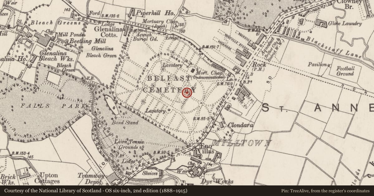 Ordnance Survey six-inch map, 2nd edition (1888–1915) covering the location of Vaults, Ballymurphy, Belfast, with a pin at the register's coordinates