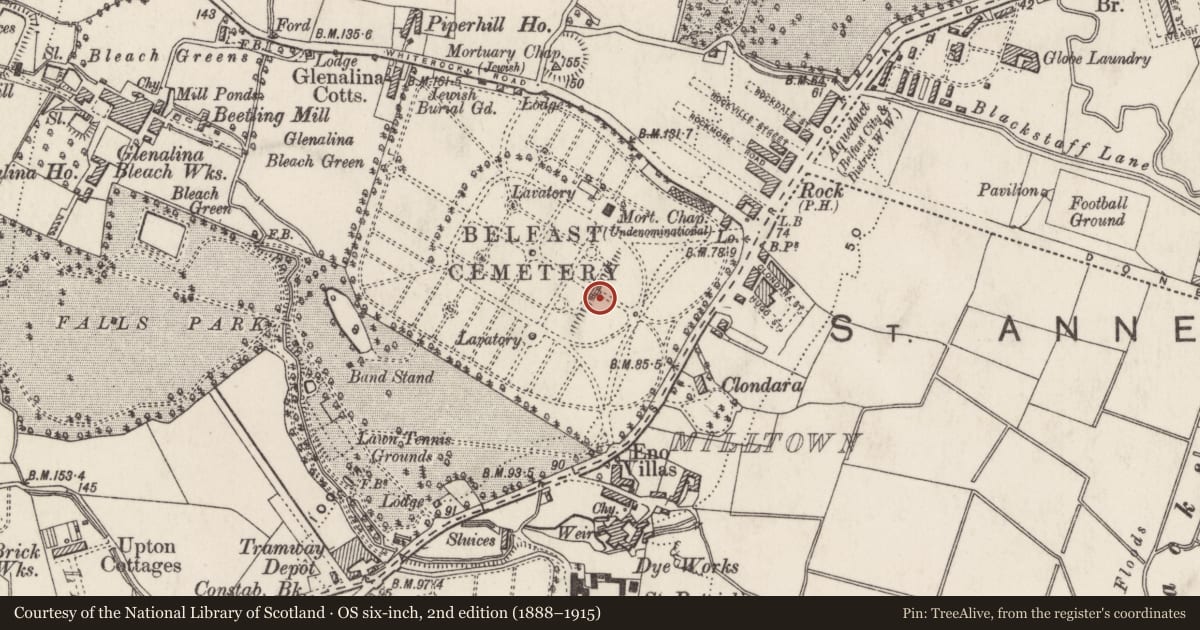 Ordnance Survey six-inch map, 2nd edition (1888–1915) covering the location of Herdman Memorial, Ballymurphy, Belfast, with a pin at the register's coordinates