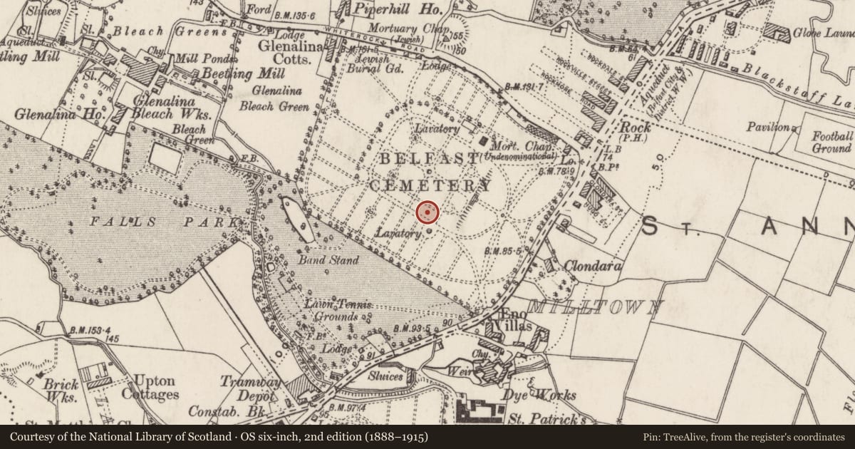 Ordnance Survey six-inch map, 2nd edition (1888–1915) covering the location of Inglis Memorial, Ballymurphy, Belfast, with a pin at the register's coordinates