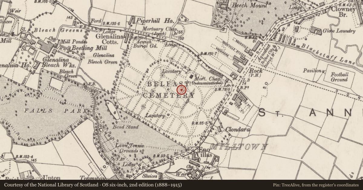Ordnance Survey six-inch map, 2nd edition (1888–1915) covering the location of Pirrie Memorial, Belfast, with a pin at the register's coordinates