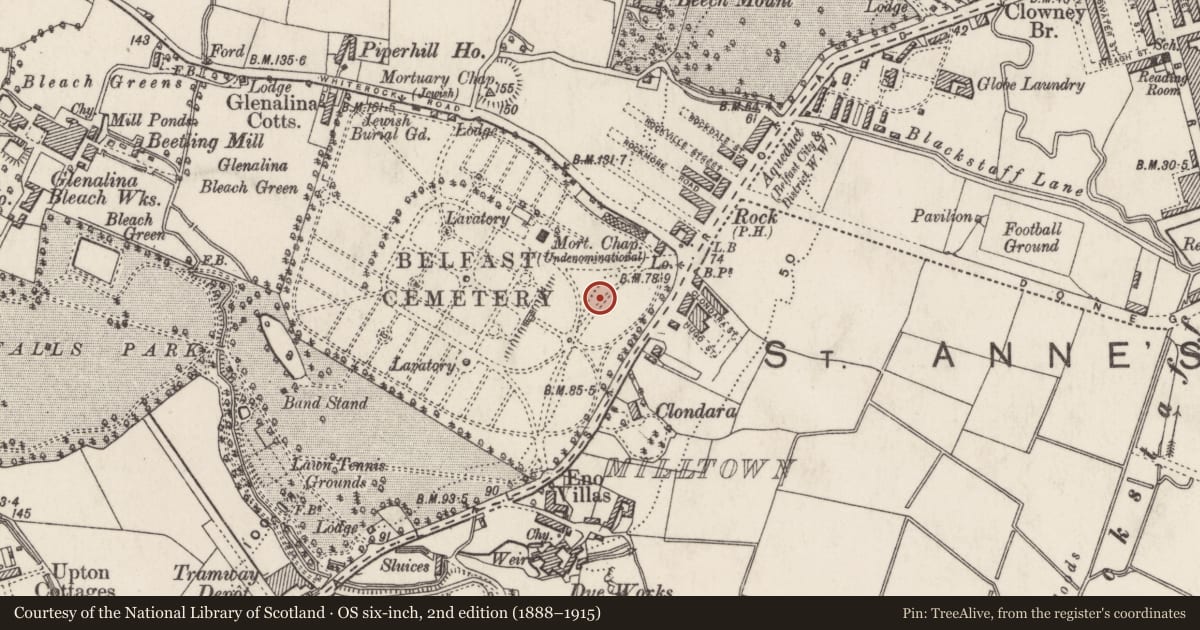 Ordnance Survey six-inch map, 2nd edition (1888–1915) covering the location of Carson Memorial, Ballymurphy, Belfast, with a pin at the register's coordinates