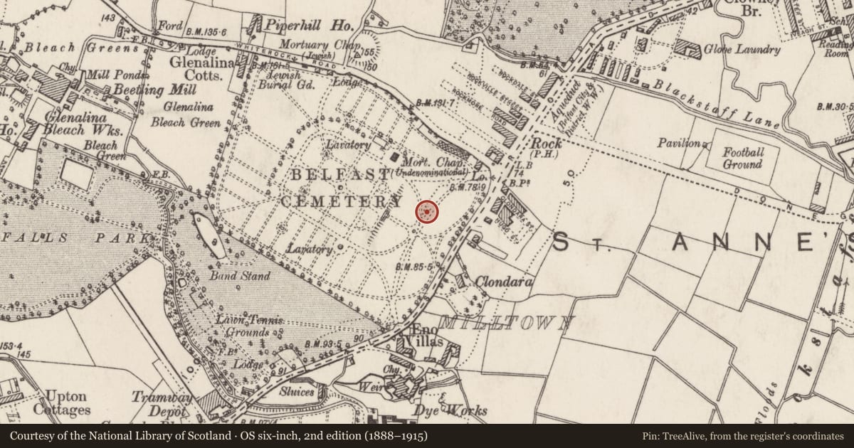 Ordnance Survey six-inch map, 2nd edition (1888–1915) covering the location of Phillips Memorial, Ballymurphy, Belfast, with a pin at the register's coordinates