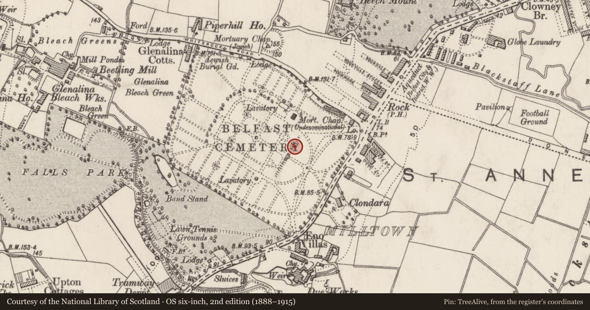 Ordnance Survey six-inch map, 2nd edition (1888–1915) covering the location of Fennell-Stelfox Memorial, Ballymurphy, Belfast, with a pin at the register's coordinates