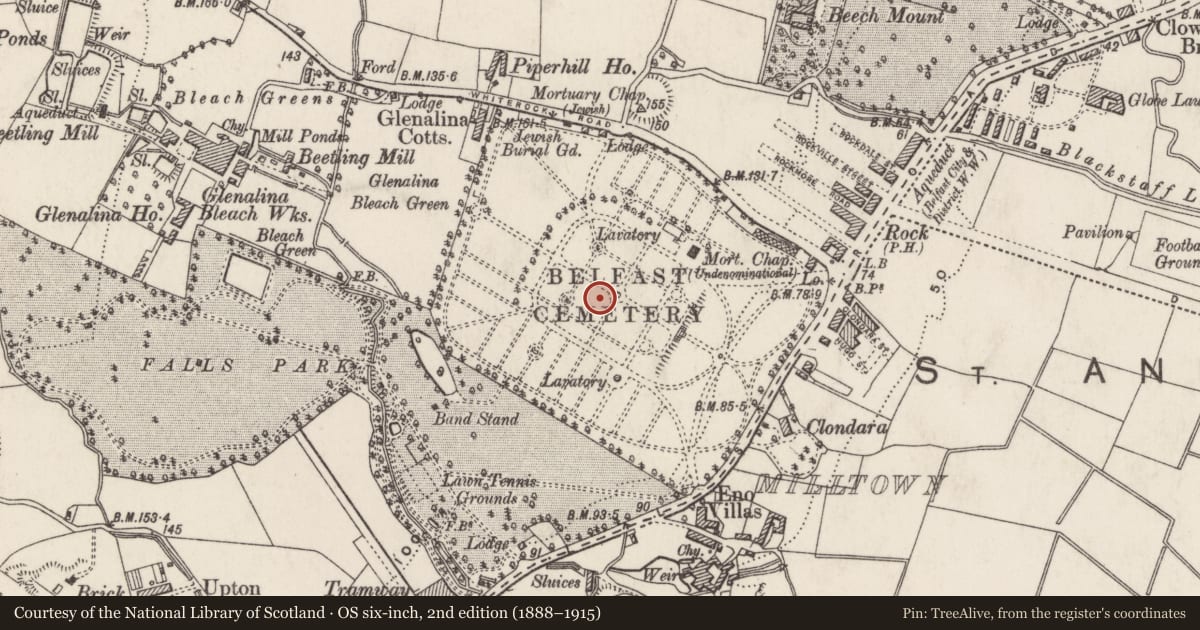 Ordnance Survey six-inch map, 2nd edition (1888–1915) covering the location of Lynn Memorial, Belfast, with a pin at the register's coordinates