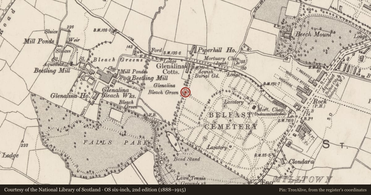 Ordnance Survey six-inch map, 2nd edition (1888–1915) covering the location of Cross of Sacrifice, Ballymurphy, Belfast, with a pin at the register's coordinates