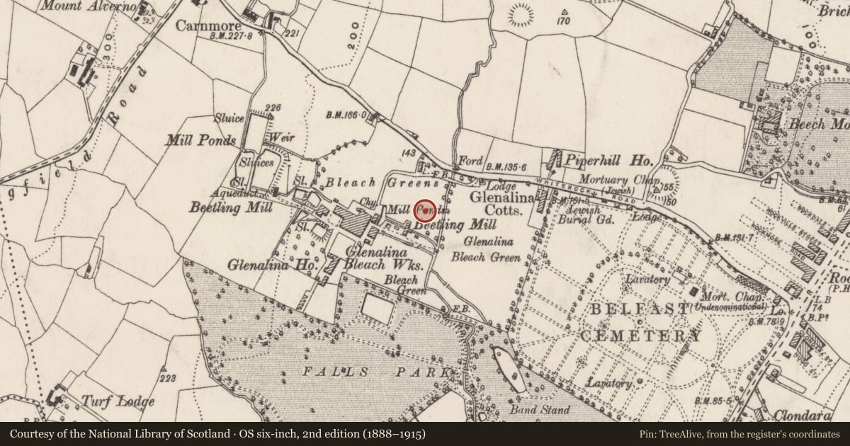 Ordnance Survey six-inch map, 2nd edition (1888–1915) covering the location of Blitz Memorial, Ballymurphy, Belfast, with a pin at the register's coordinates