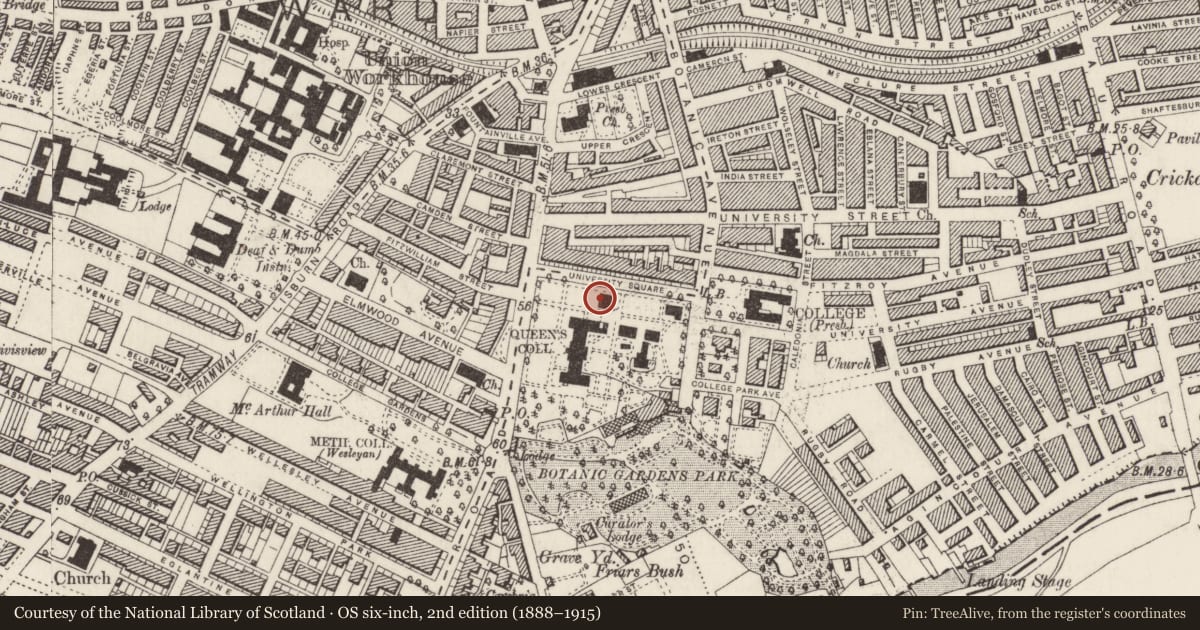Ordnance Survey six-inch map, 2nd edition (1888–1915) covering the location of Geology Building, Belfast, with a pin at the register's coordinates