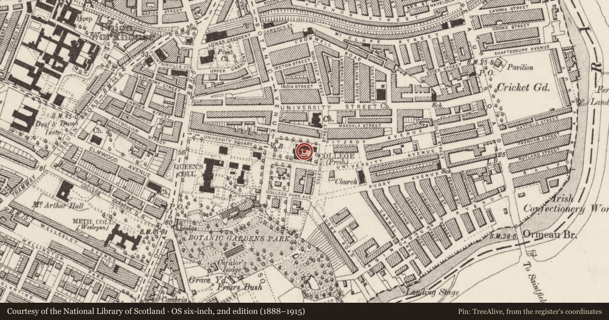 Ordnance Survey six-inch map, 2nd edition (1888–1915) covering the location of Assembly'S College, Belfast, with a pin at the register's coordinates