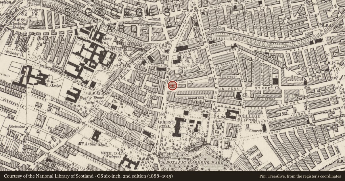Ordnance Survey six-inch map, 2nd edition (1888–1915) covering the location of 38-40 University Road And 1 Mount Charles, Malone Lower, Belfast, with a pin at the register's coordinates