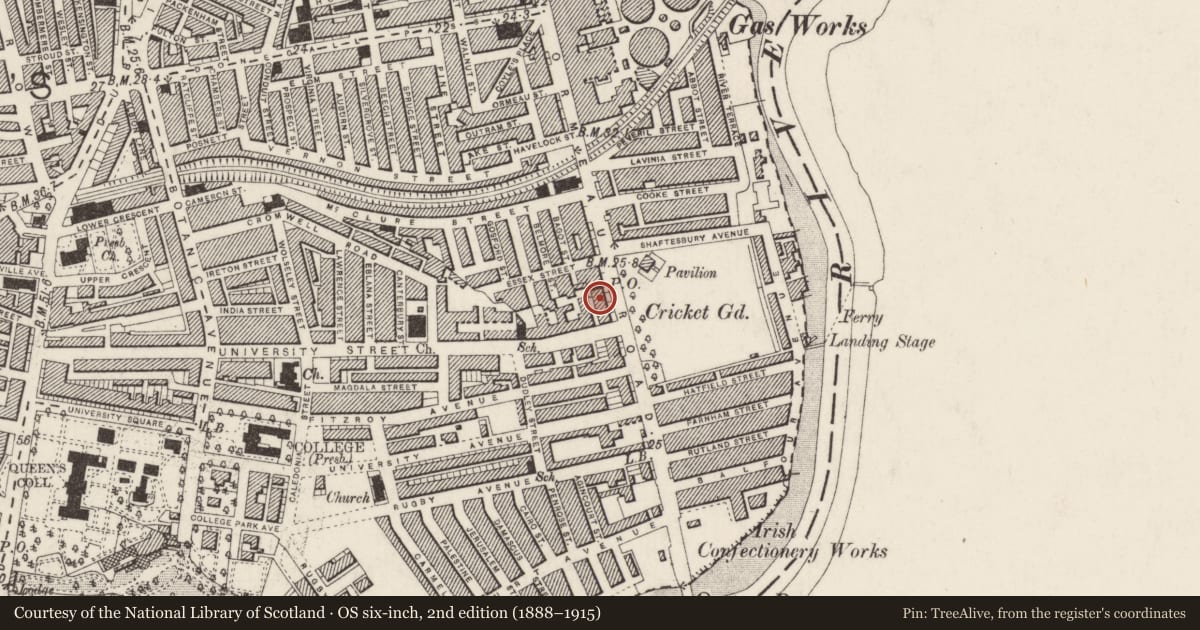 Ordnance Survey six-inch map, 2nd edition (1888–1915) covering the location of 127 Ormeau Road, Belfast, with a pin at the register's coordinates