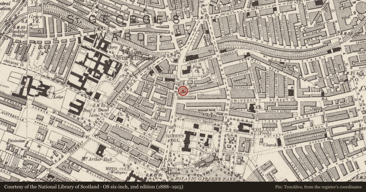 Ordnance Survey six-inch map, 2nd edition (1888–1915) covering the location of 2-4 Mount Charles, Belfast, with a pin at the register's coordinates