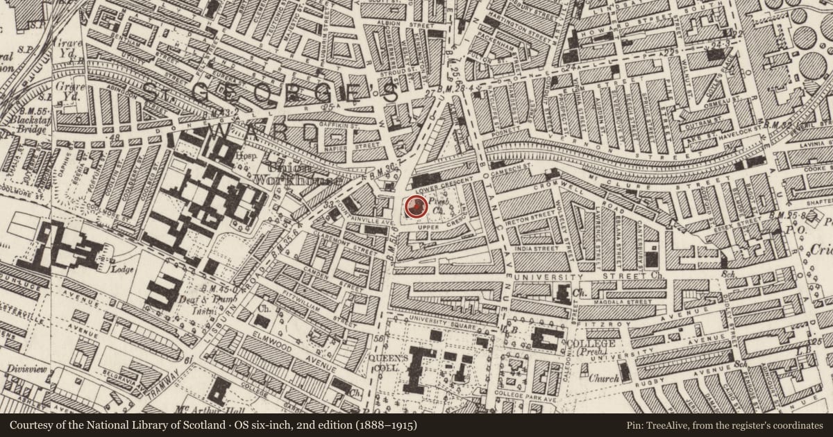 Ordnance Survey six-inch map, 2nd edition (1888–1915) covering the location of Crescent Church, Malone Lower, Belfast, with a pin at the register's coordinates
