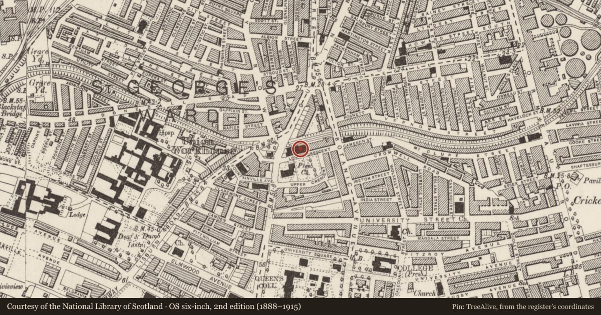 Ordnance Survey six-inch map, 2nd edition (1888–1915) covering the location of 1 Lower Crescent, Malone Lower, Belfast, with a pin at the register's coordinates