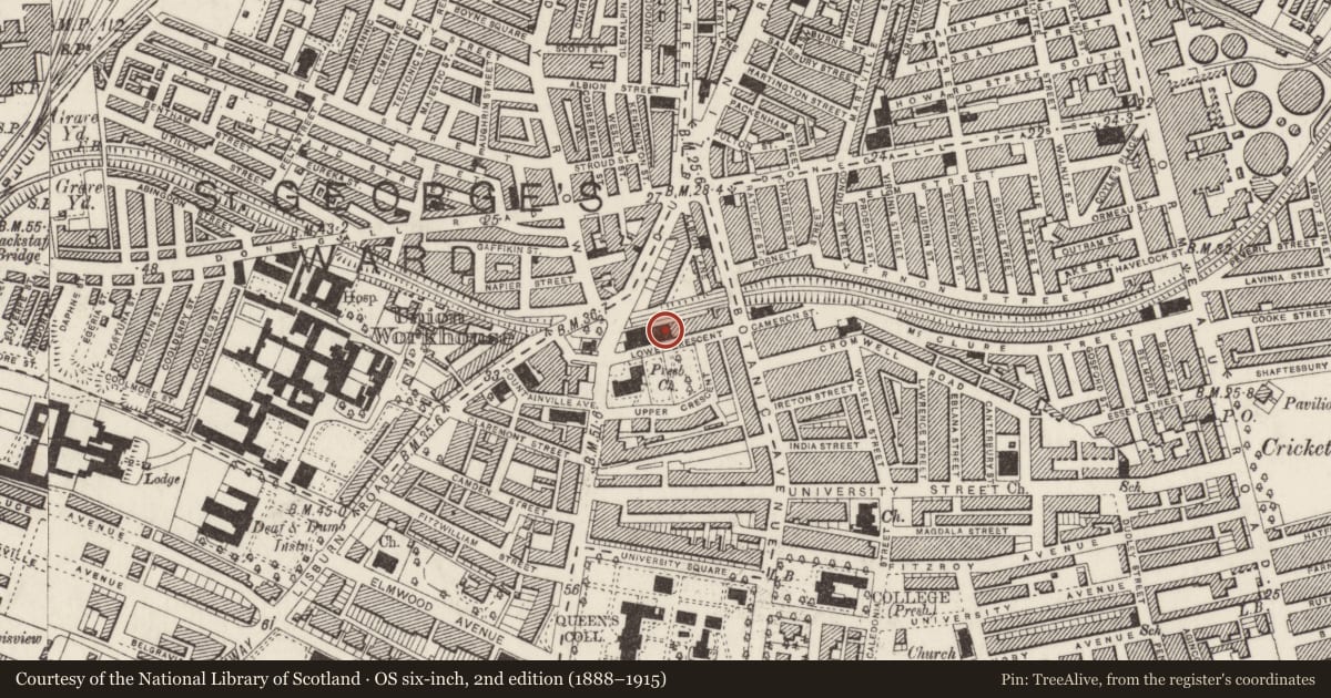 Ordnance Survey six-inch map, 2nd edition (1888–1915) covering the location of 3 Lower Crescent, Malone Lower, Belfast, with a pin at the register's coordinates