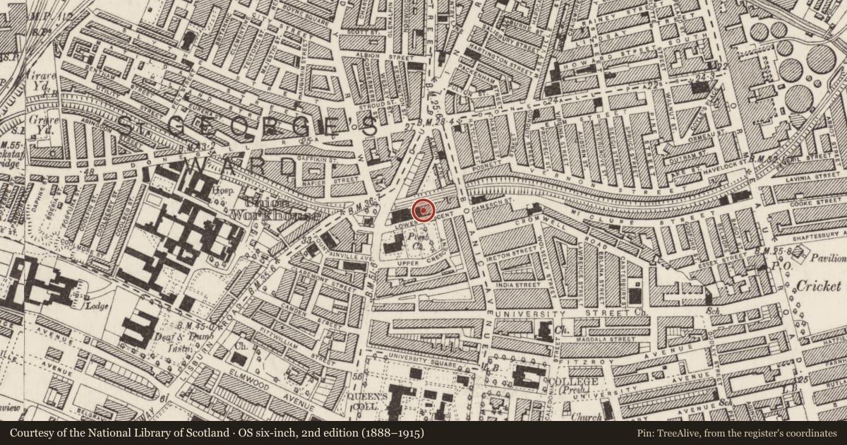 Ordnance Survey six-inch map, 2nd edition (1888–1915) covering the location of 4 Lower Crescent, Malone Lower, Belfast, with a pin at the register's coordinates