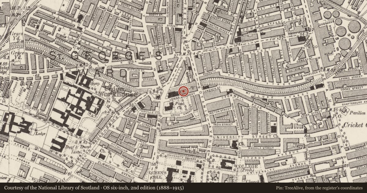 Ordnance Survey six-inch map, 2nd edition (1888–1915) covering the location of 5-6 Lower Crescent, Malone Lower, Belfast, with a pin at the register's coordinates
