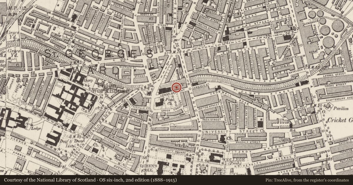 Ordnance Survey six-inch map, 2nd edition (1888–1915) covering the location of 7 Lower Crescent, Malone Lower, Belfast, with a pin at the register's coordinates