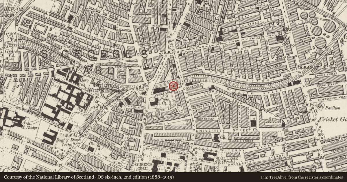 Ordnance Survey six-inch map, 2nd edition (1888–1915) covering the location of 9 Lower Crescent, Malone Lower, Belfast, with a pin at the register's coordinates