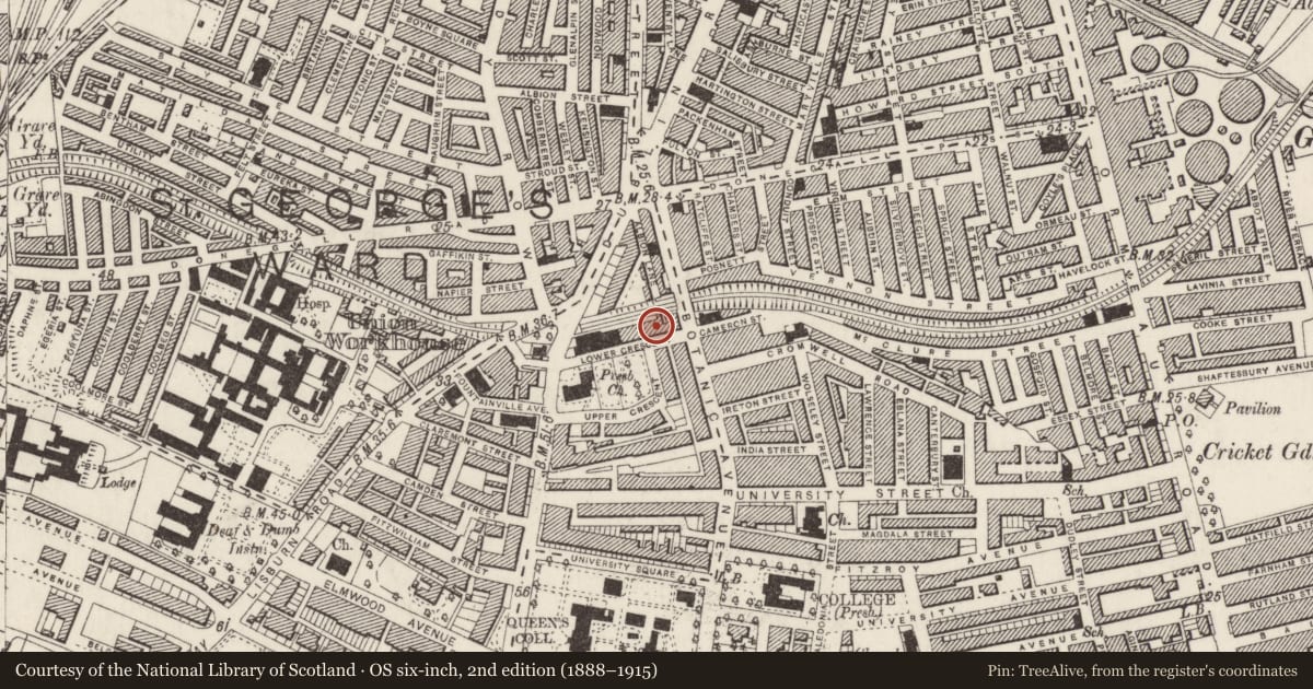 Ordnance Survey six-inch map, 2nd edition (1888–1915) covering the location of 10 Lower Crescent, Malone Lower, Belfast, with a pin at the register's coordinates