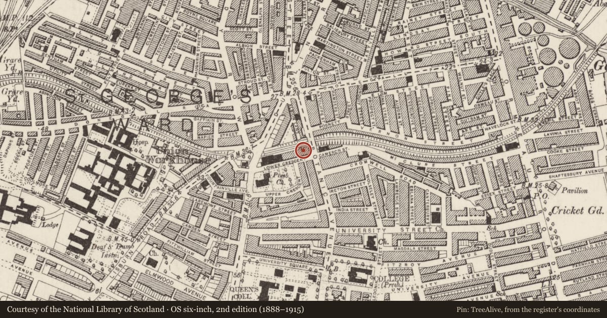 Ordnance Survey six-inch map, 2nd edition (1888–1915) covering the location of 12 Lower Crescent, Malone Lower, Belfast, with a pin at the register's coordinates