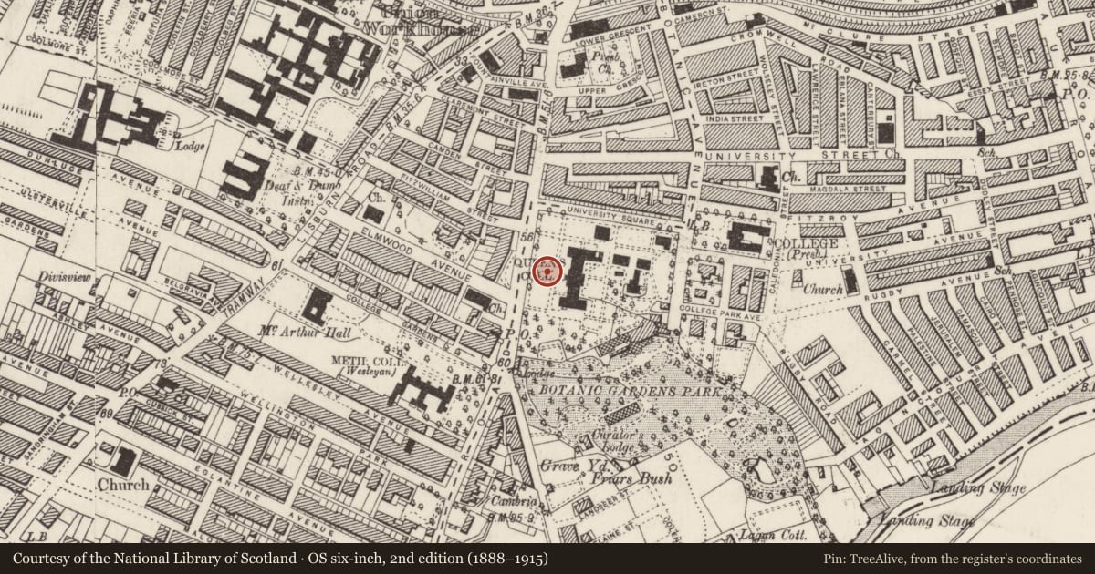 Ordnance Survey six-inch map, 2nd edition (1888–1915) covering the location of War Memorial, Belfast, with a pin at the register's coordinates