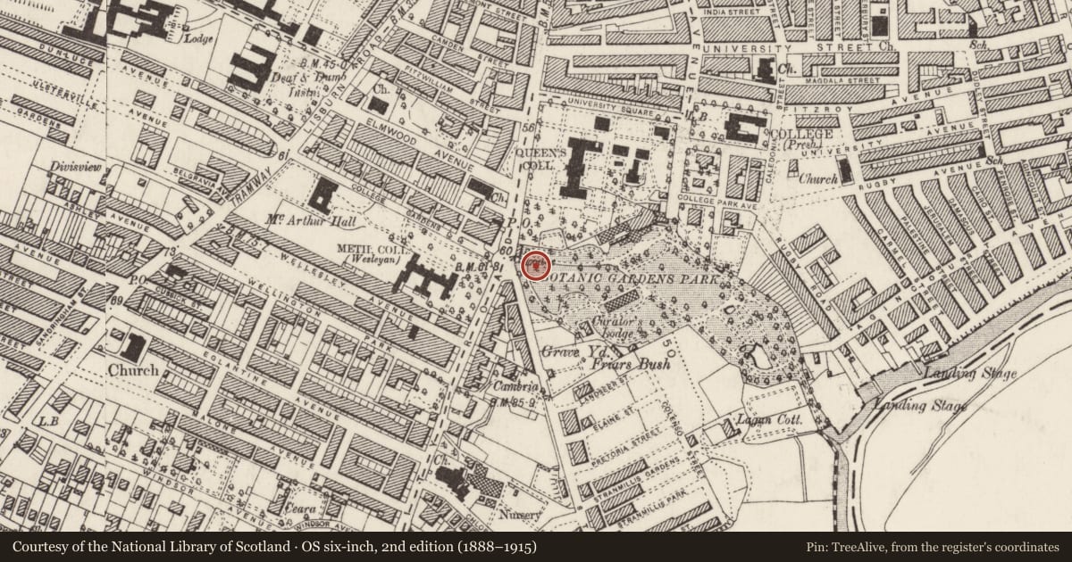 Ordnance Survey six-inch map, 2nd edition (1888–1915) covering the location of Kelvin Monument, Belfast, with a pin at the register's coordinates