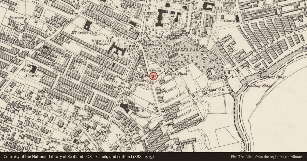 Ordnance Survey six-inch map, 2nd edition (1888–1915) covering the location of Gate House, Belfast, with a pin at the register's coordinates