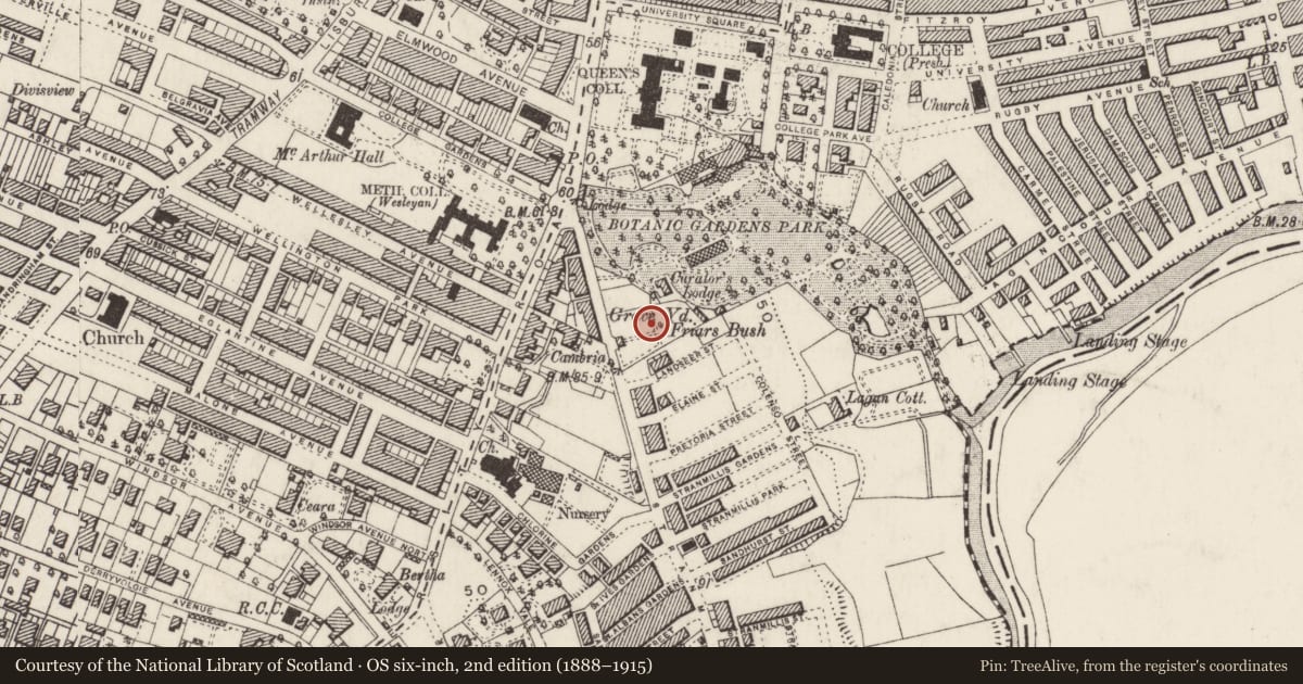 Ordnance Survey six-inch map, 2nd edition (1888–1915) covering the location of Friar's Bush Graveyard, Malone Lower, Belfast, with a pin at the register's coordinates
