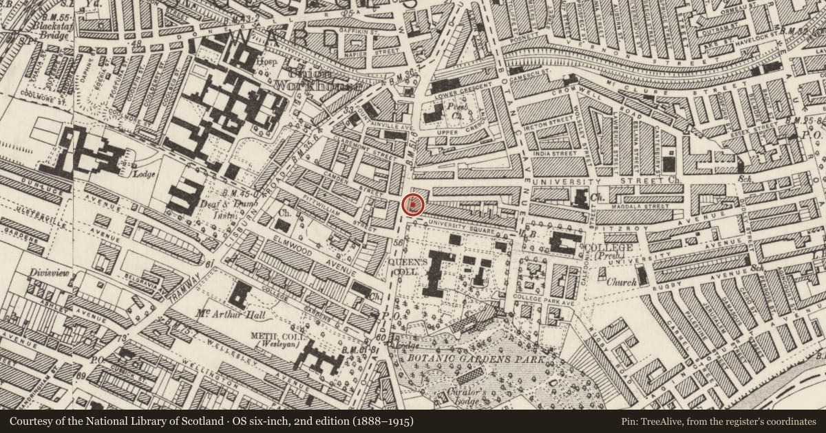 Ordnance Survey six-inch map, 2nd edition (1888–1915) covering the location of 1 University Square, Belfast, with a pin at the register's coordinates