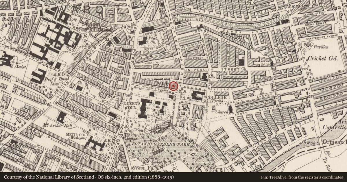 Ordnance Survey six-inch map, 2nd edition (1888–1915) covering the location of 27 University Square, Belfast, with a pin at the register's coordinates