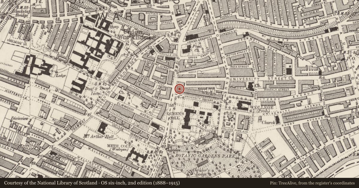 Ordnance Survey six-inch map, 2nd edition (1888–1915) covering the location of 2 University Square, Belfast, with a pin at the register's coordinates