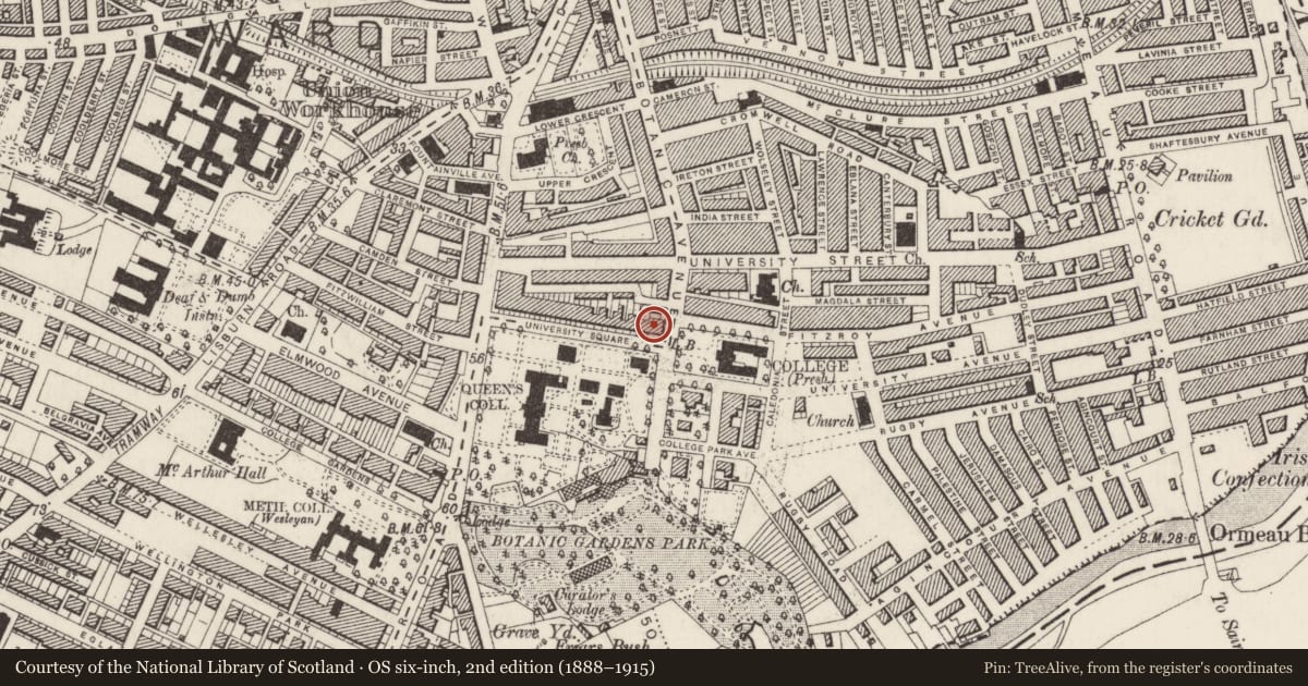 Ordnance Survey six-inch map, 2nd edition (1888–1915) covering the location of 28 University Square, Belfast, with a pin at the register's coordinates