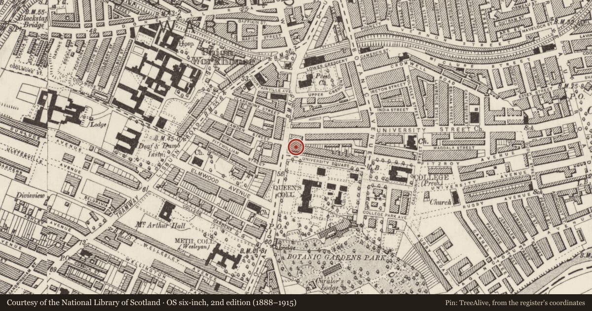 Ordnance Survey six-inch map, 2nd edition (1888–1915) covering the location of 3 University Square, Belfast, with a pin at the register's coordinates