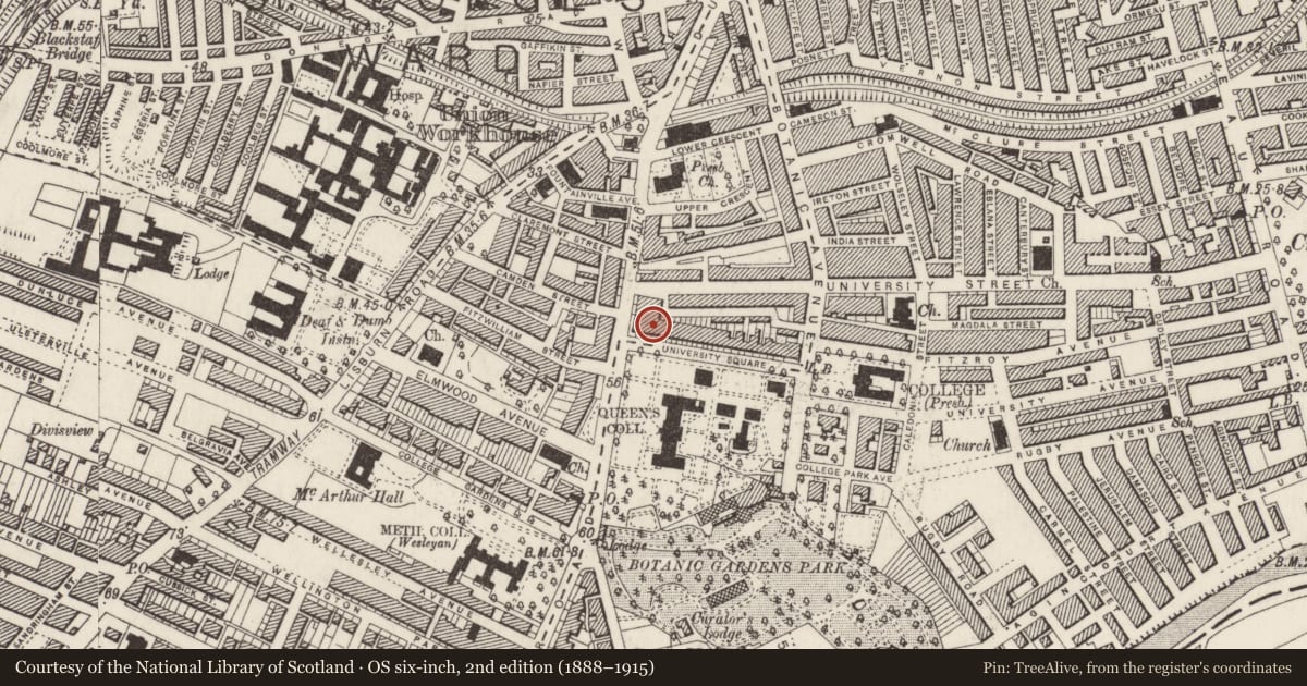 Ordnance Survey six-inch map, 2nd edition (1888–1915) covering the location of 4 University Square, Belfast, with a pin at the register's coordinates