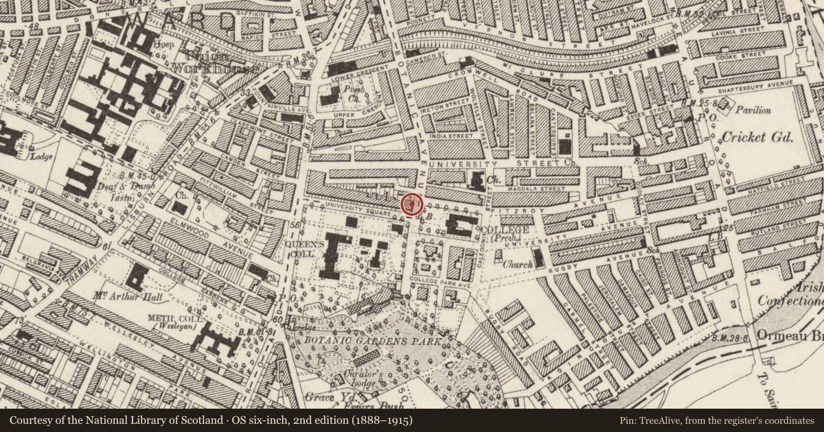 Ordnance Survey six-inch map, 2nd edition (1888–1915) covering the location of 30 University Square, Belfast, with a pin at the register's coordinates