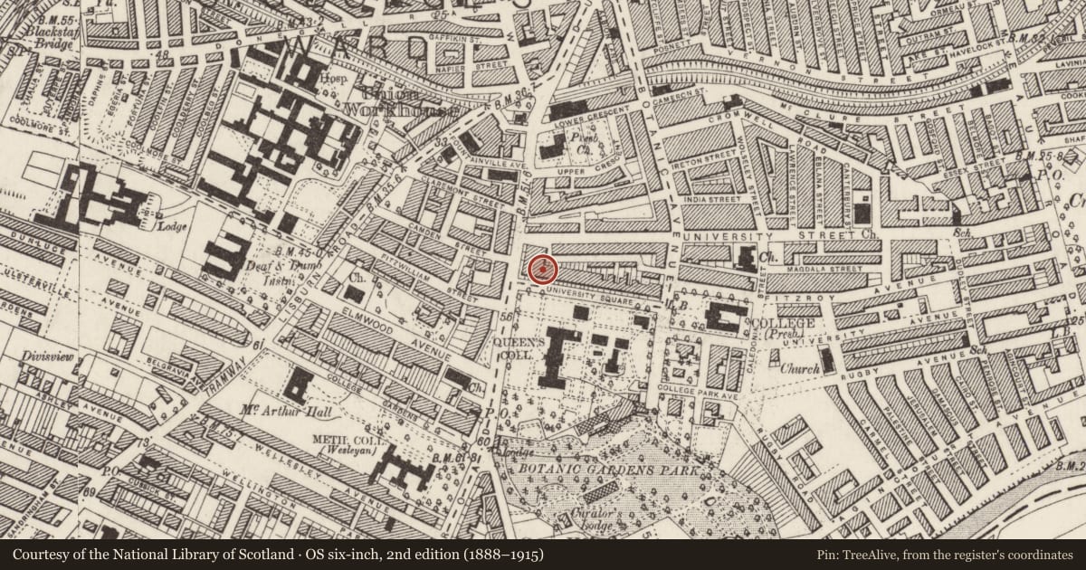 Ordnance Survey six-inch map, 2nd edition (1888–1915) covering the location of 5 University Square, Belfast, with a pin at the register's coordinates